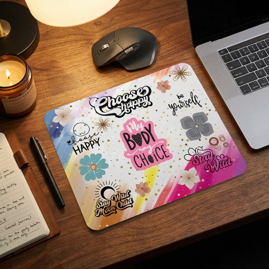 Mousepad with motivational text: "choose happy", "be yourself", "my body my choice", "Stay Wild Moon Child".