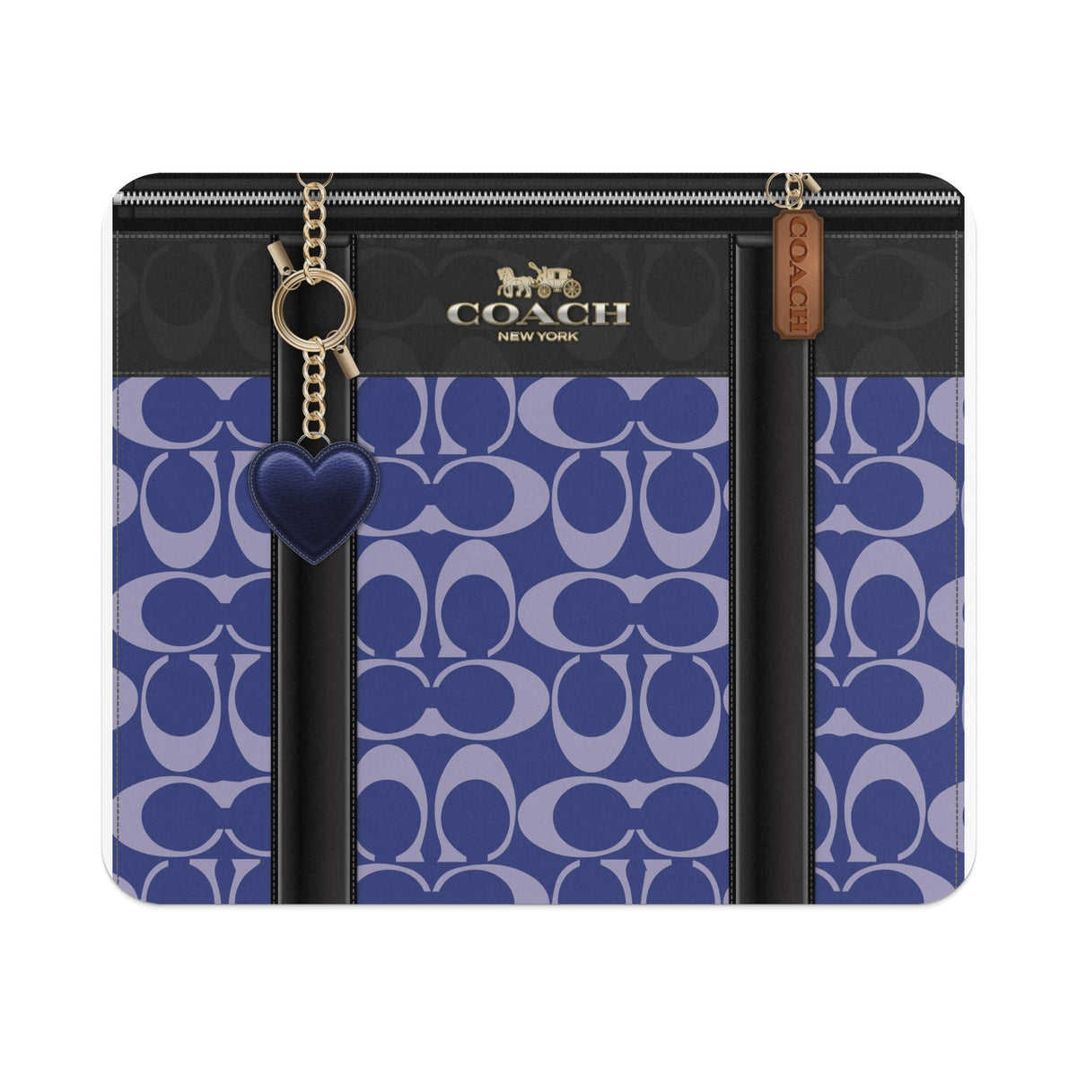 Coach bag with blue monogram pattern and heart charm.