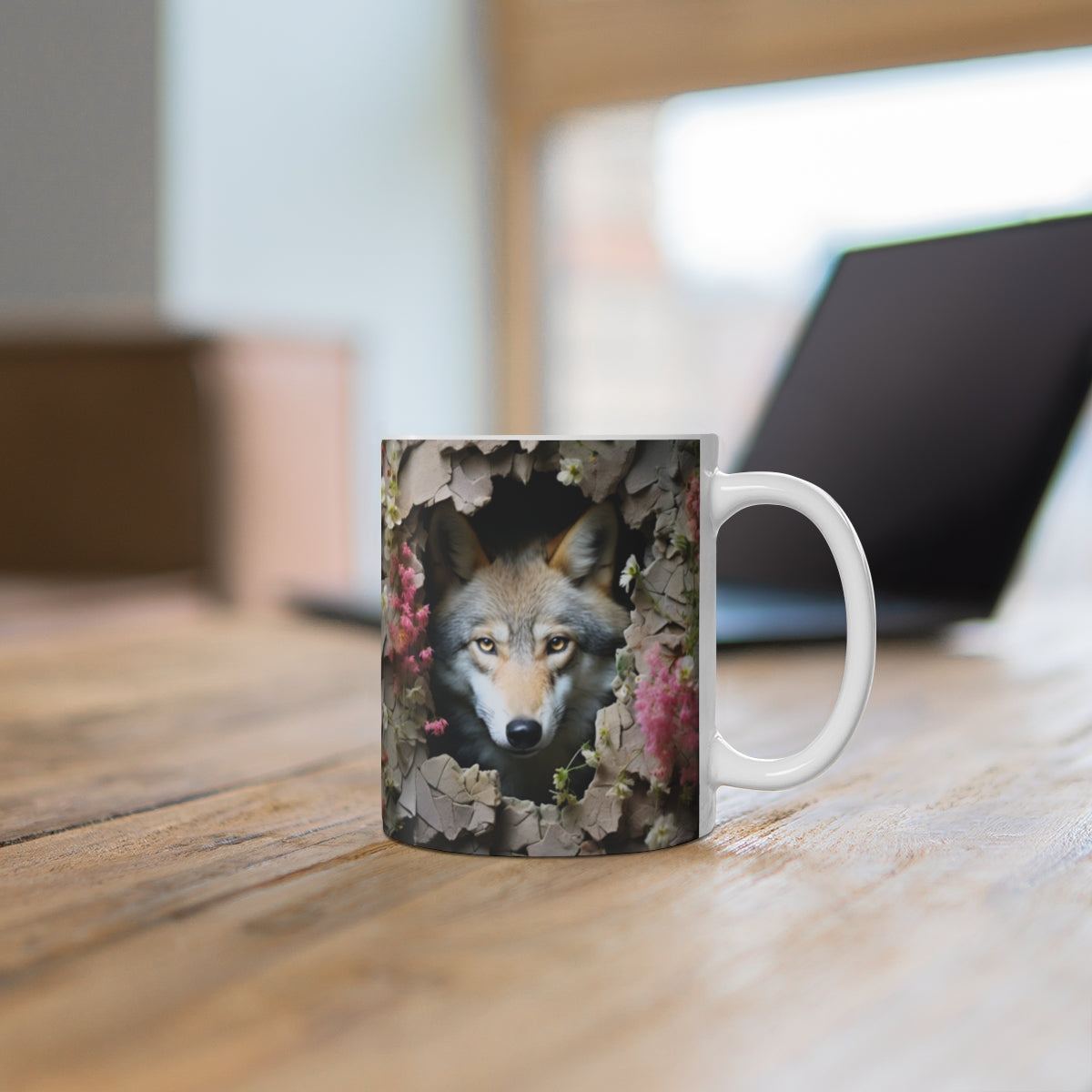 Majestic Wolf Mug with Floral Surrounding Artwork