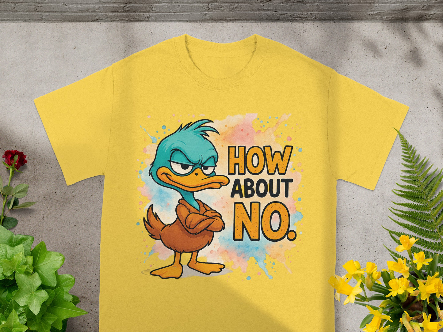 Yellow t-shirt with cartoon duck and text "HOW ABOUT NO."