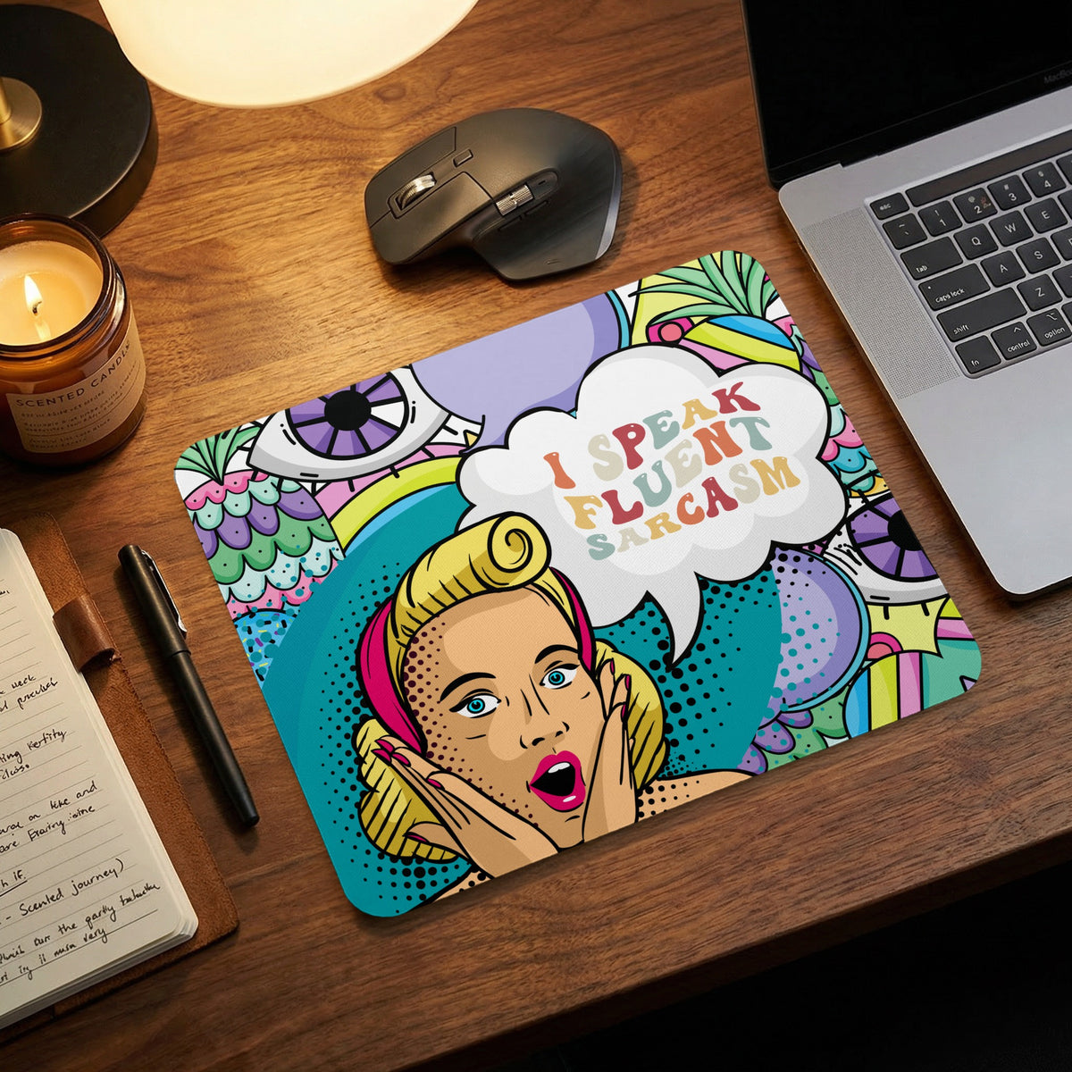 Pop art mouse pad featuring a surprised blonde woman and the text I SPEAK FLUENT SARCASM.