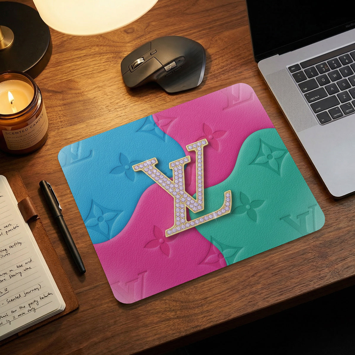 Mousepad with gold LV logo on pink, blue, and teal textured background.