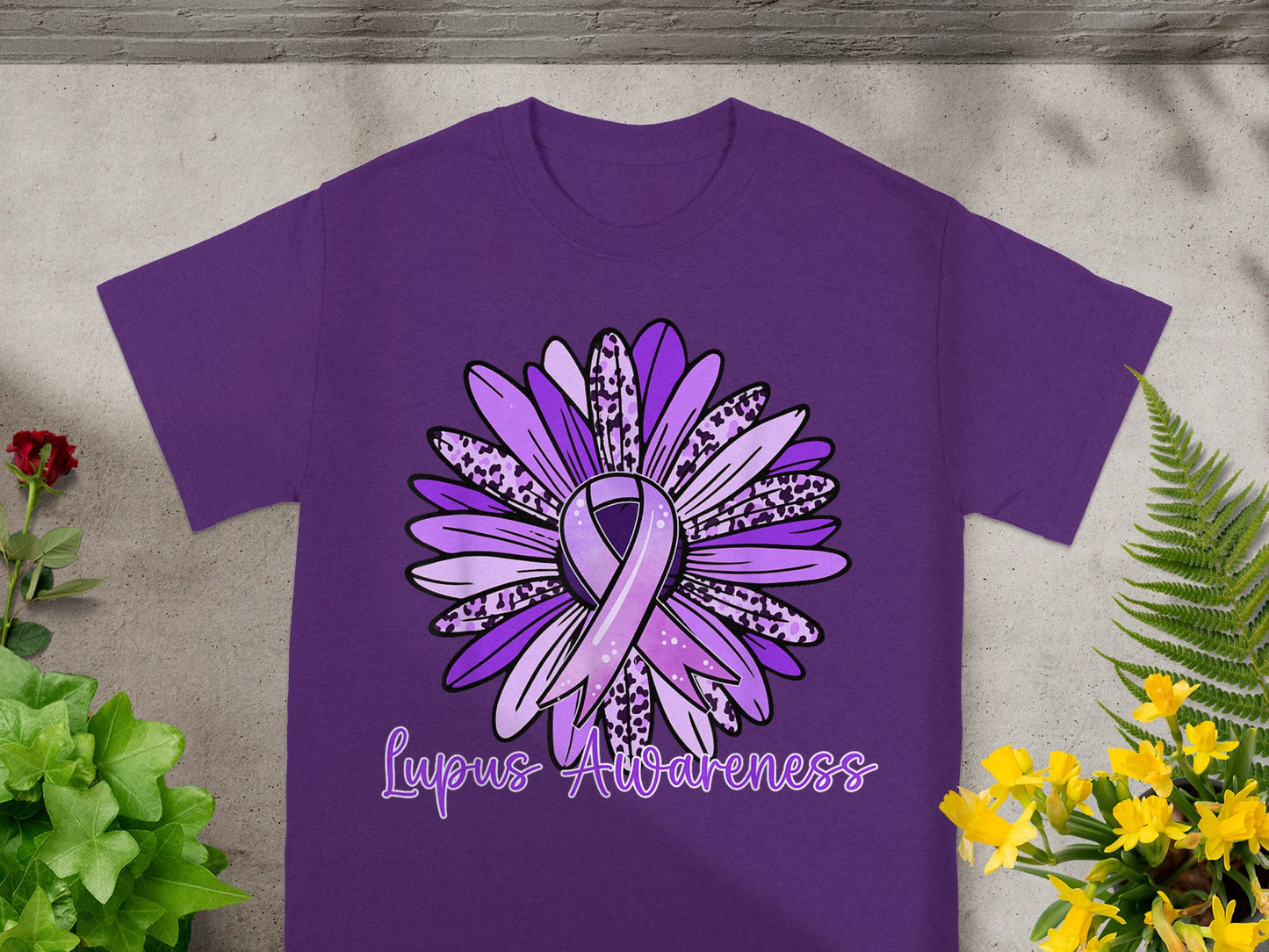 Lupus Awareness Purple T-shirt with Ribbon Flower Design