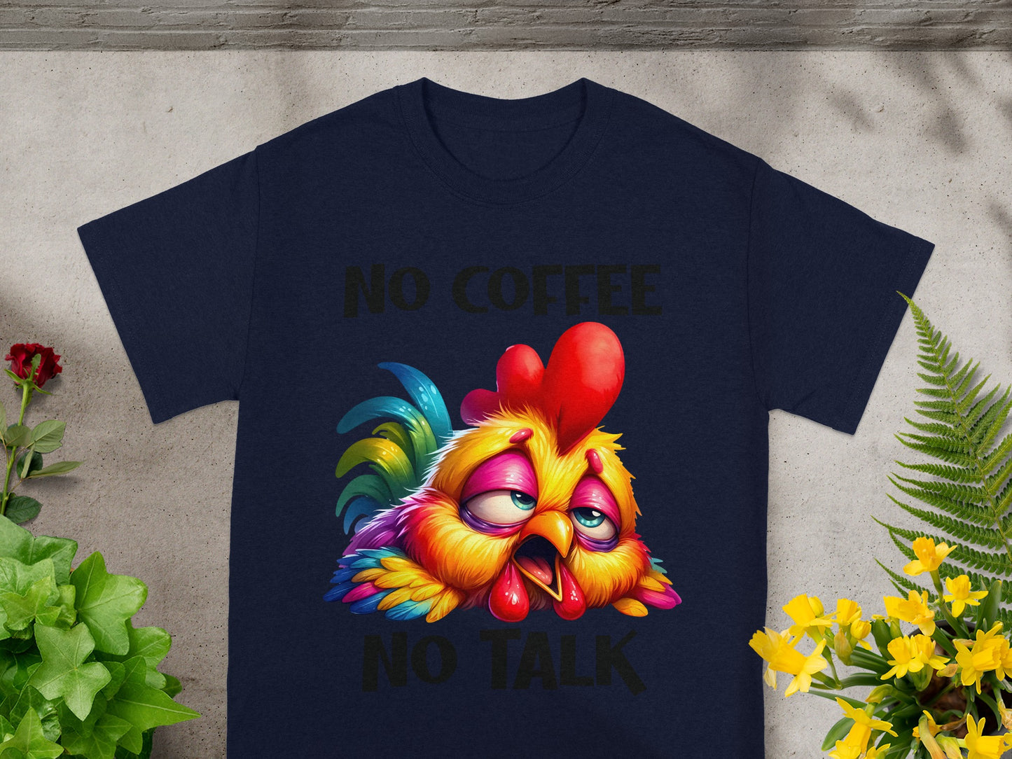 No Coffee No Talk Colorful Rooster Print T-shirt