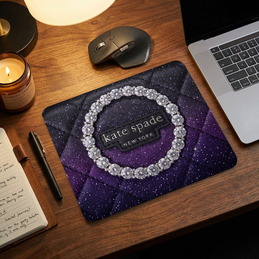 Kate Spade New York mousepad with diamond circle and purple sparkle pattern.