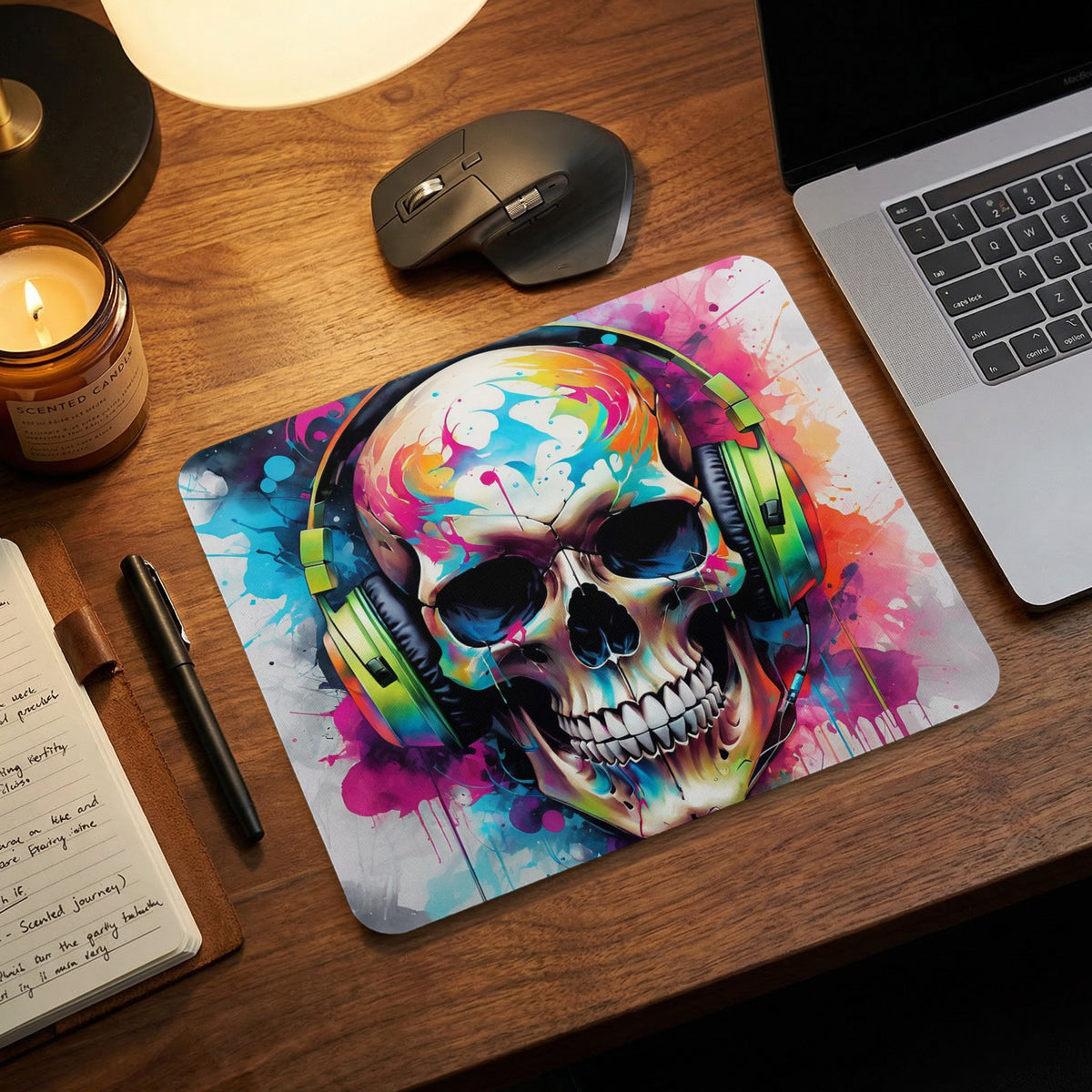 A colorful watercolor mousepad featuring a skull wearing headphones, lying on a wooden desk with office supplies.