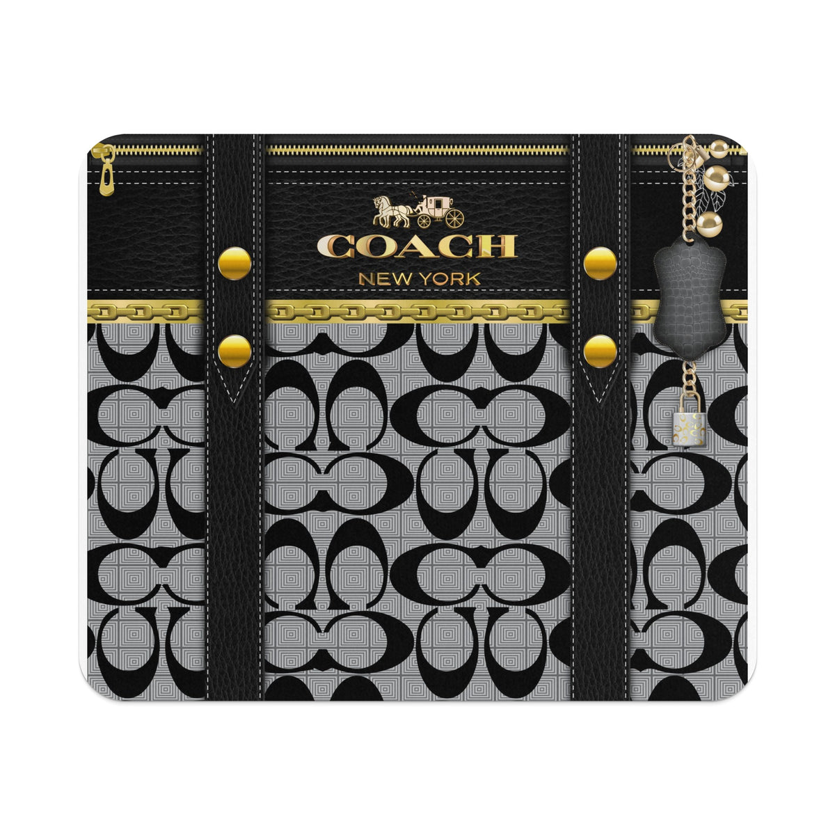 Coach pattern case with gold zipper, chain detail, and horse and carriage logo.
