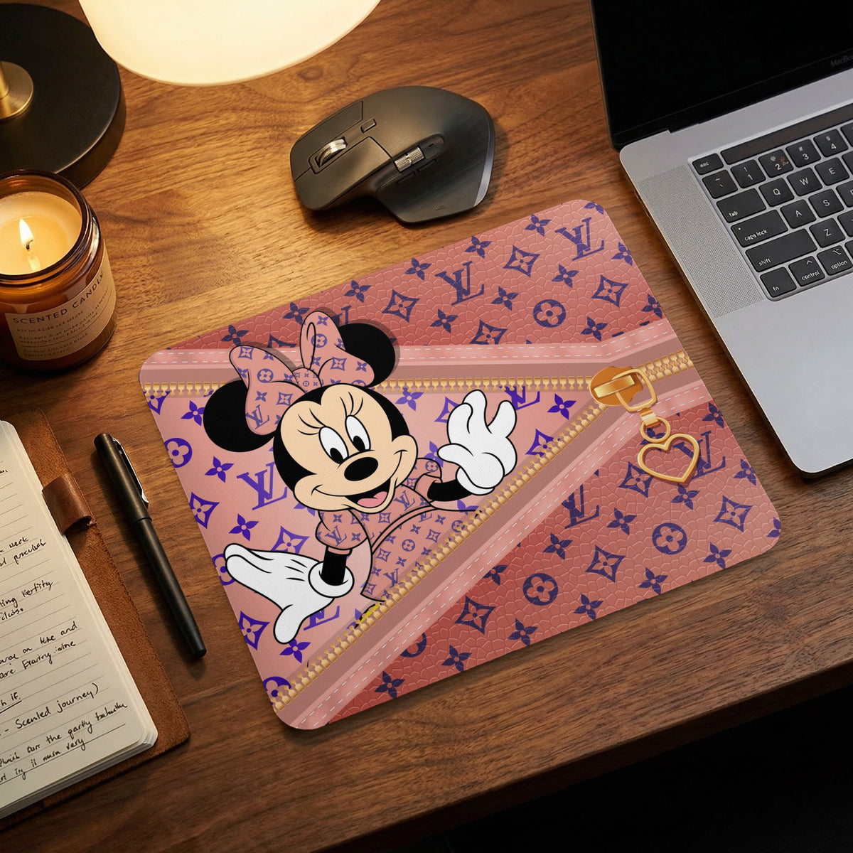 Minnie Mouse with pink LV pattern mousepad and gold zipper detail.