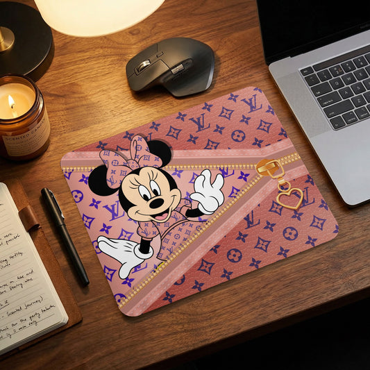 Minnie Mouse with pink LV pattern mousepad and gold zipper detail.