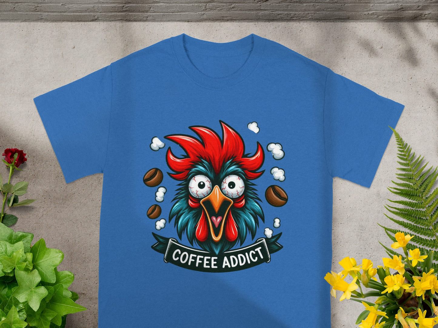 Funny Coffee Addict Rooster Graphic Tee Shirt