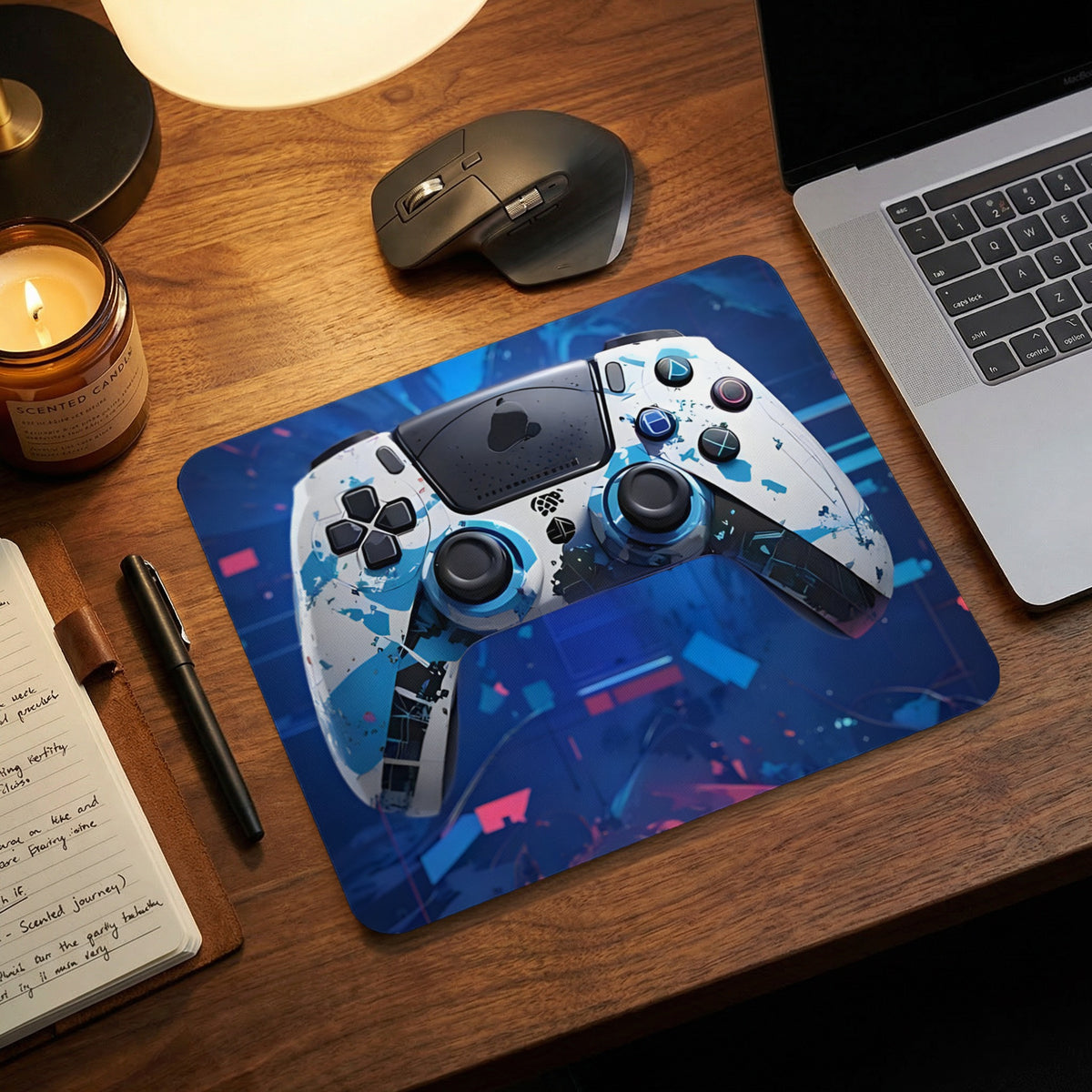 A rectangular mouse pad with a blue and white game controller graphic rests on a wooden desk.