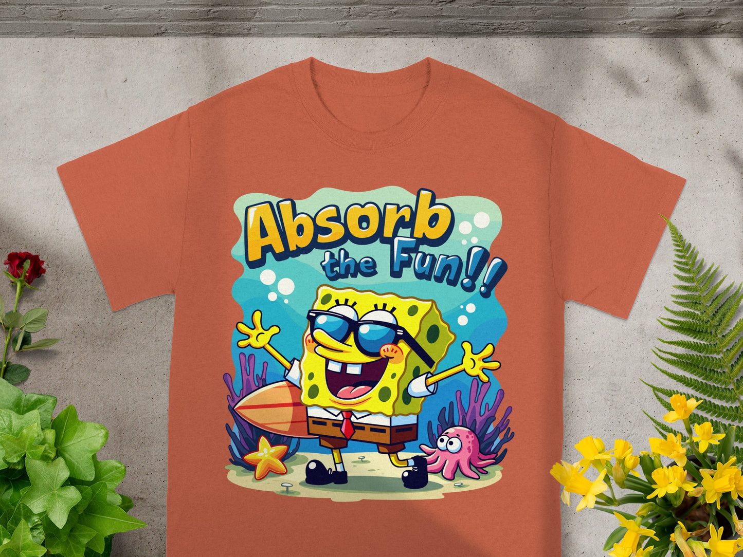 SpongeBob SquarePants with surfboard and octopus, text "Absorb the Fun!!"