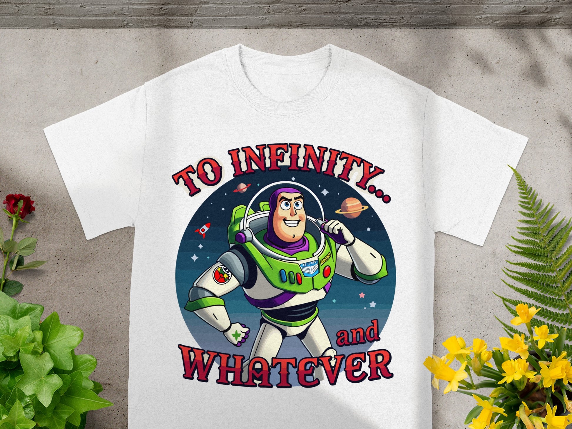 Buzz Lightyear t-shirt with "To Infinity... and Whatever" text and space graphic.