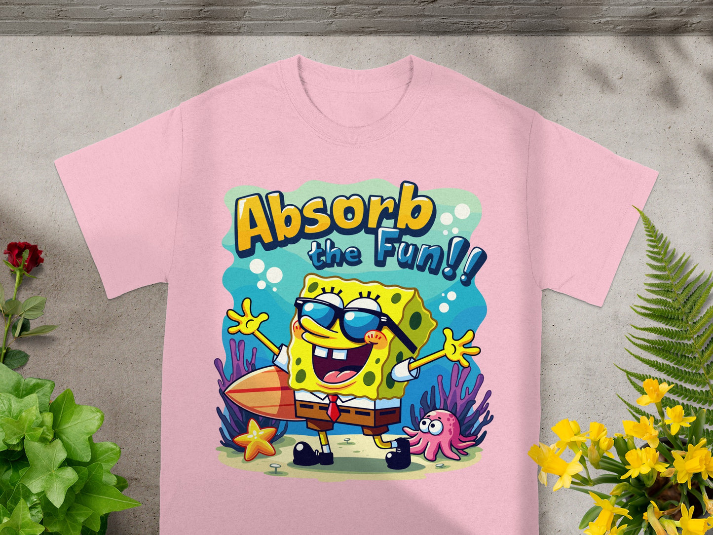 SpongeBob SquarePants in sunglasses with a surfboard and octopus, text "Absorb the Fun!!".