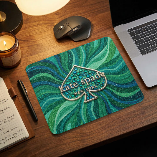 Kate Spade New York logo on green and blue glittery wavy mousepad.