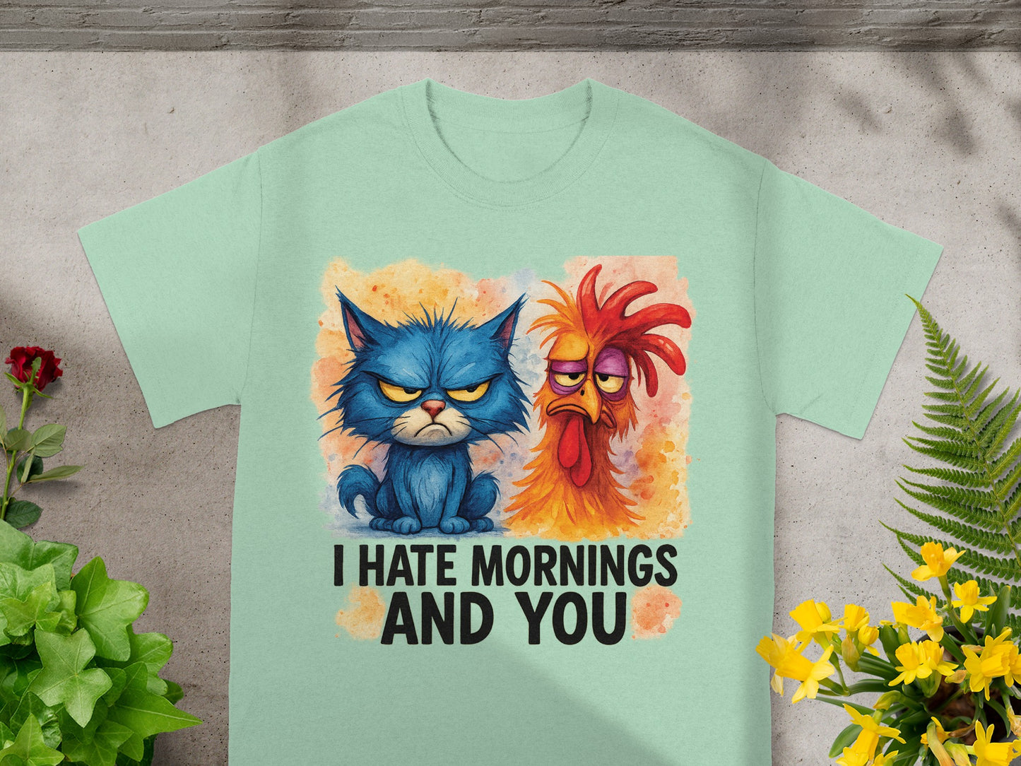 Blue grumpy cat and rooster with text "I HATE MORNINGS AND YOU".