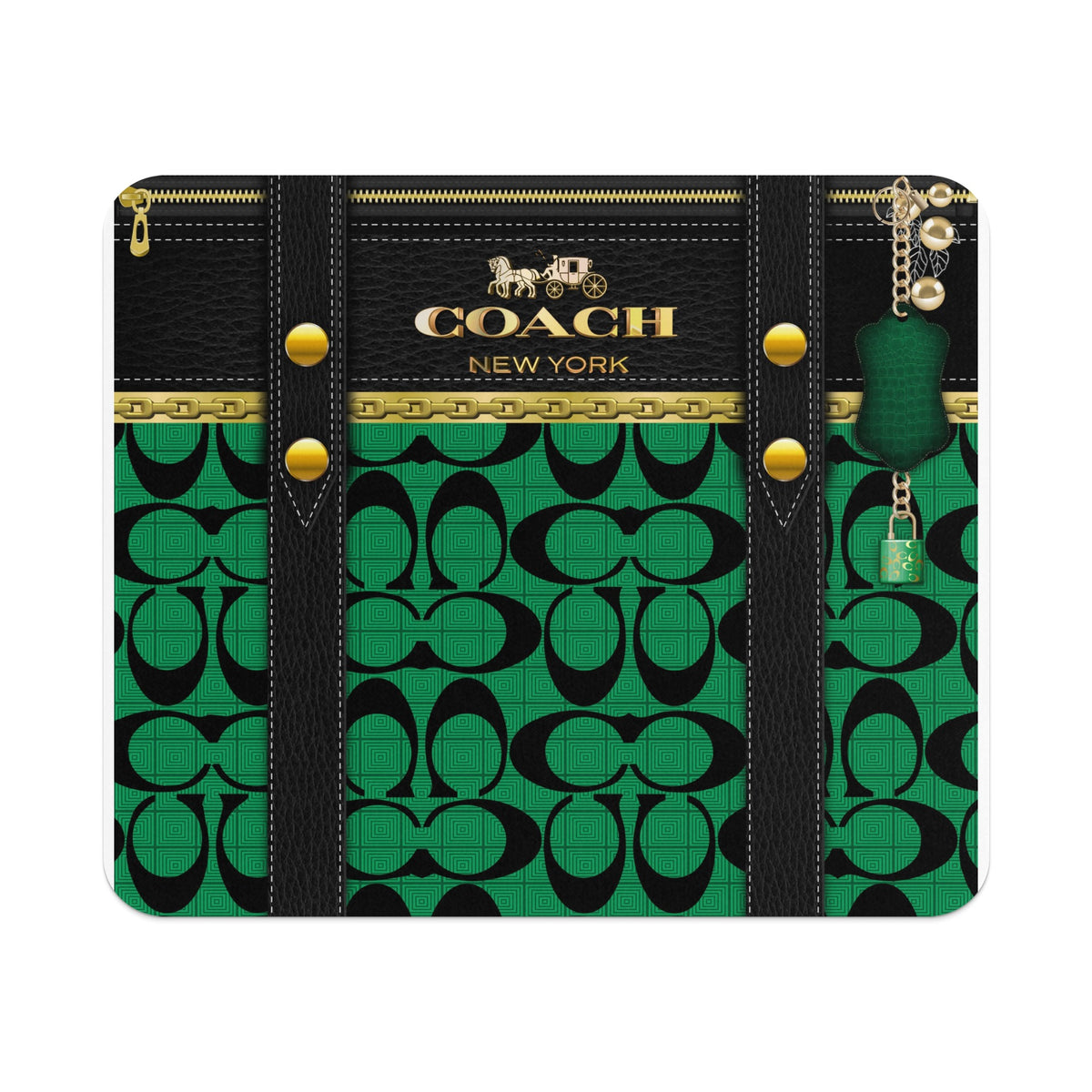 Coach New York wallet with green logo pattern, gold hardware, and green charm.