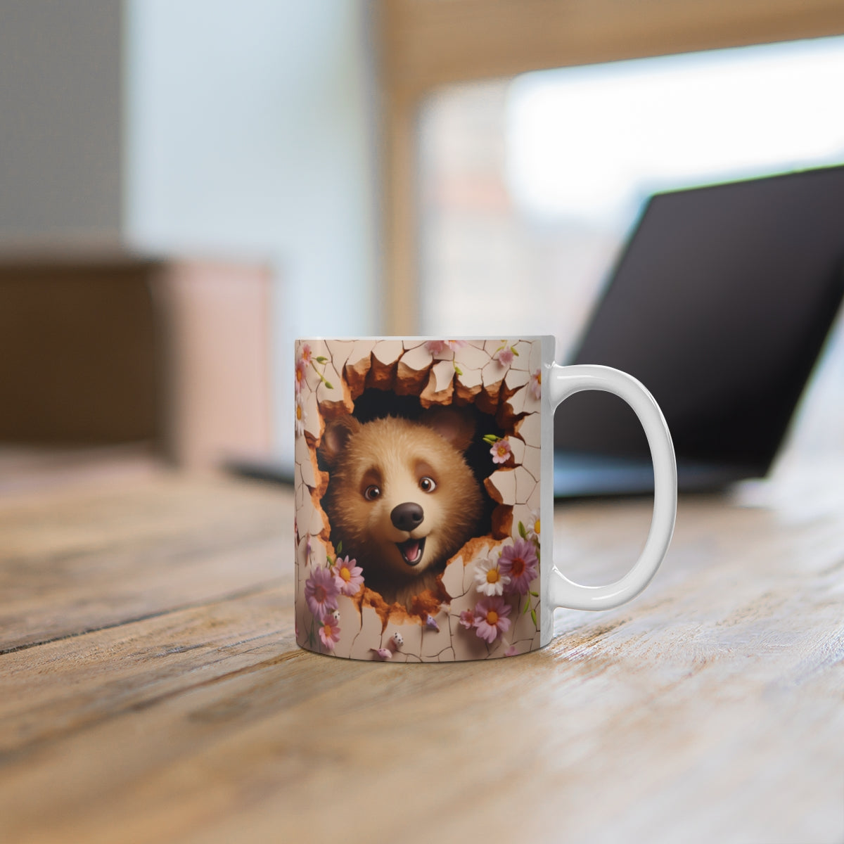 Cute Bear Face Through Flowers Design Coffee Mug