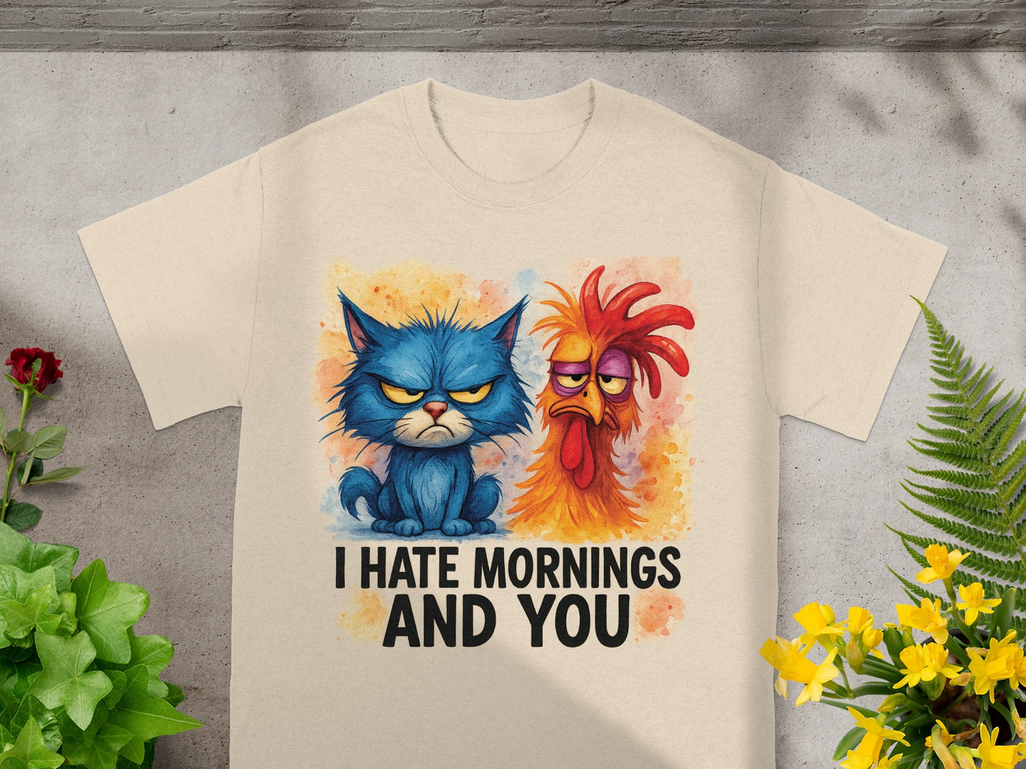 T-shirt graphic of grumpy blue cat and rooster with text "I HATE MORNINGS AND YOU".