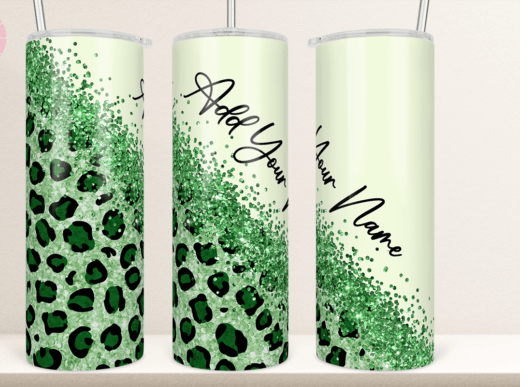 Customized Green leopard glitter tumbler