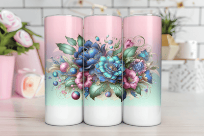 Bright blue, pink, green flowers on a tumbler