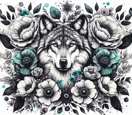 Black and White Wolf Tumbler with teal flowers