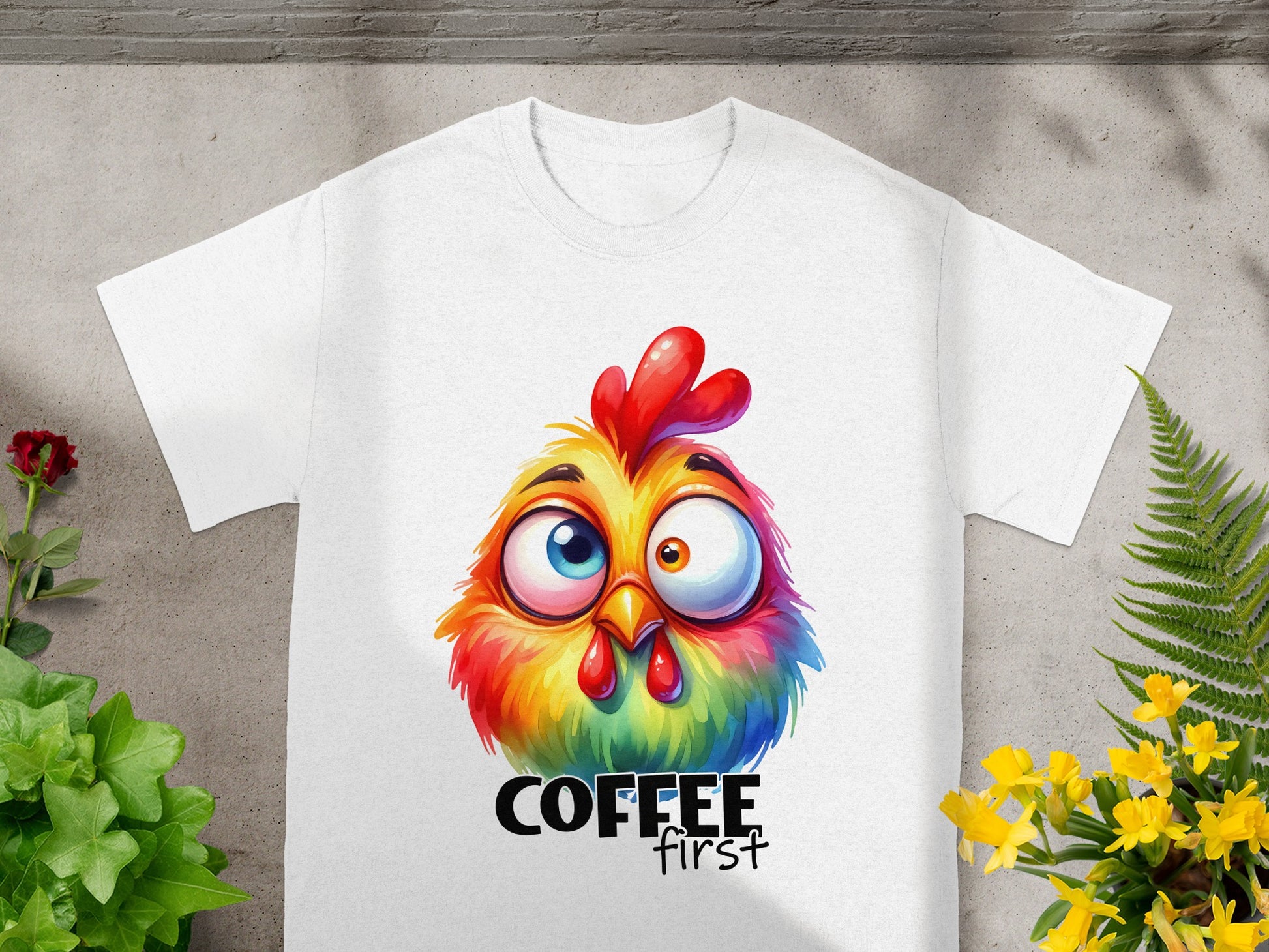 Colorful Chicken Coffee First Funny Animal T-shirt