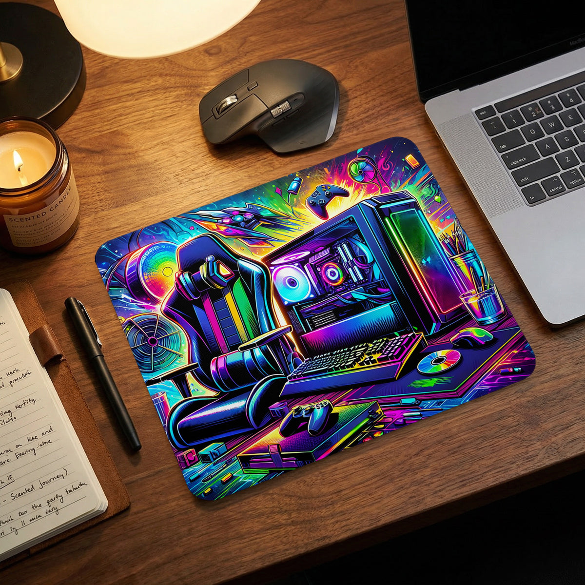 A vibrant gaming desk mousepad featuring a colorful, neon-lit gaming PC setup and chair illustration.