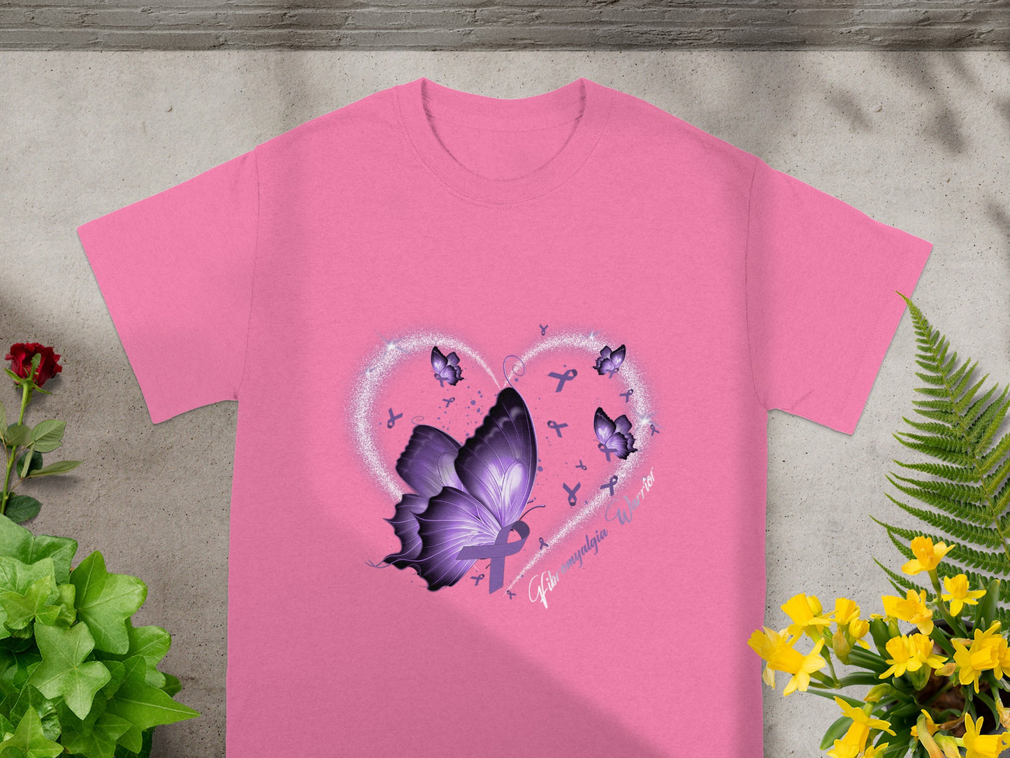 Fibromyalgia Warrior Pink T-Shirt with Butterfly Design