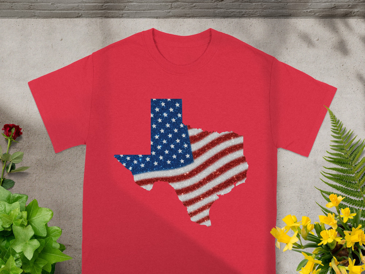 Red t-shirt with glitter Texas flag design.