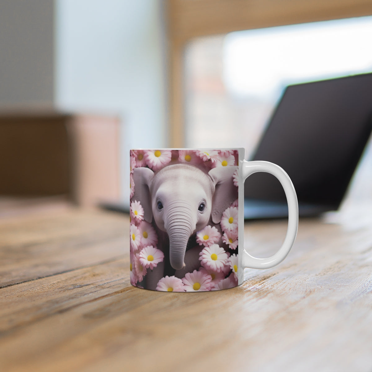 Adorable Baby Elephant Surrounded by Flowers Mug