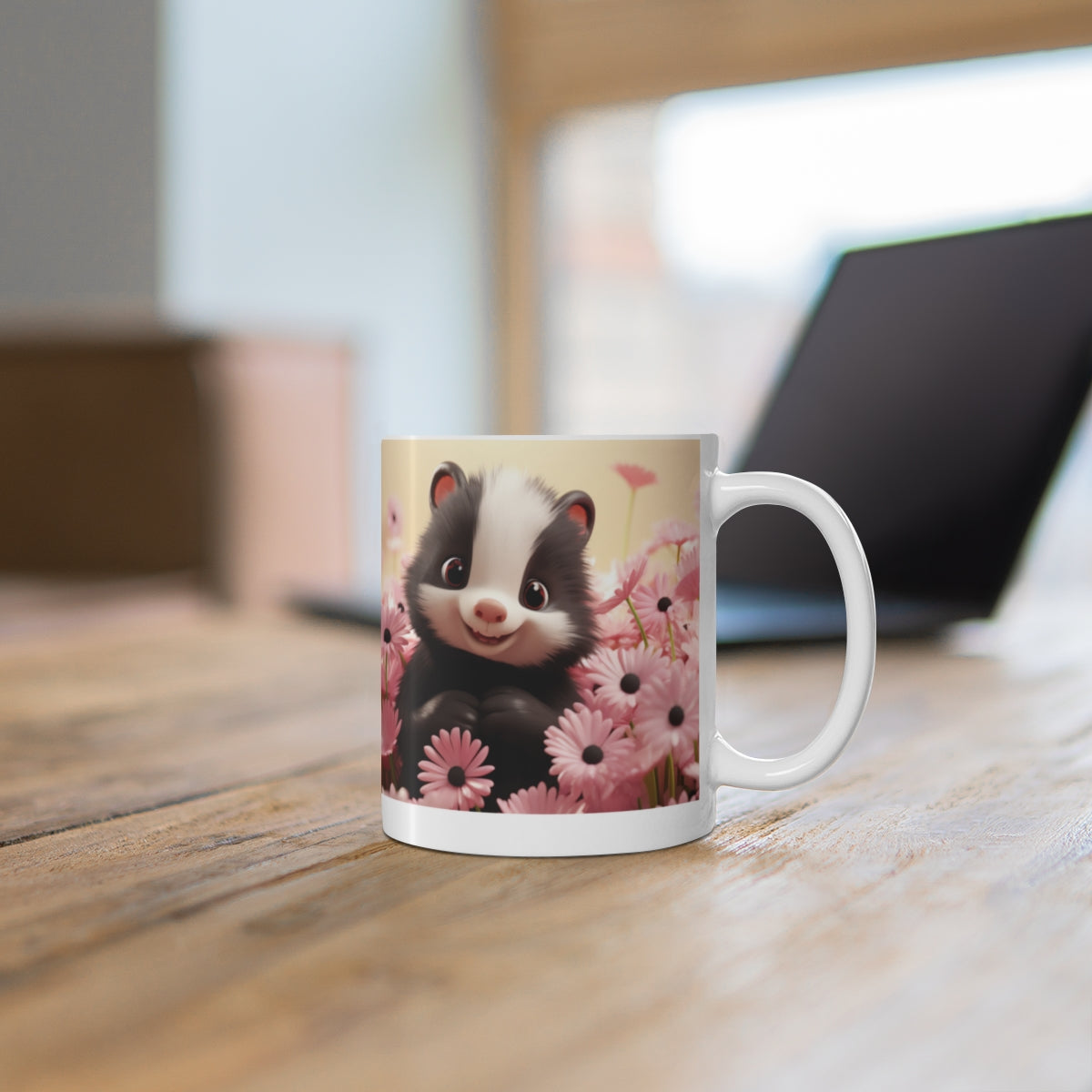 Cute Skunk with Pink Flowers Mug Perfect for Coffee