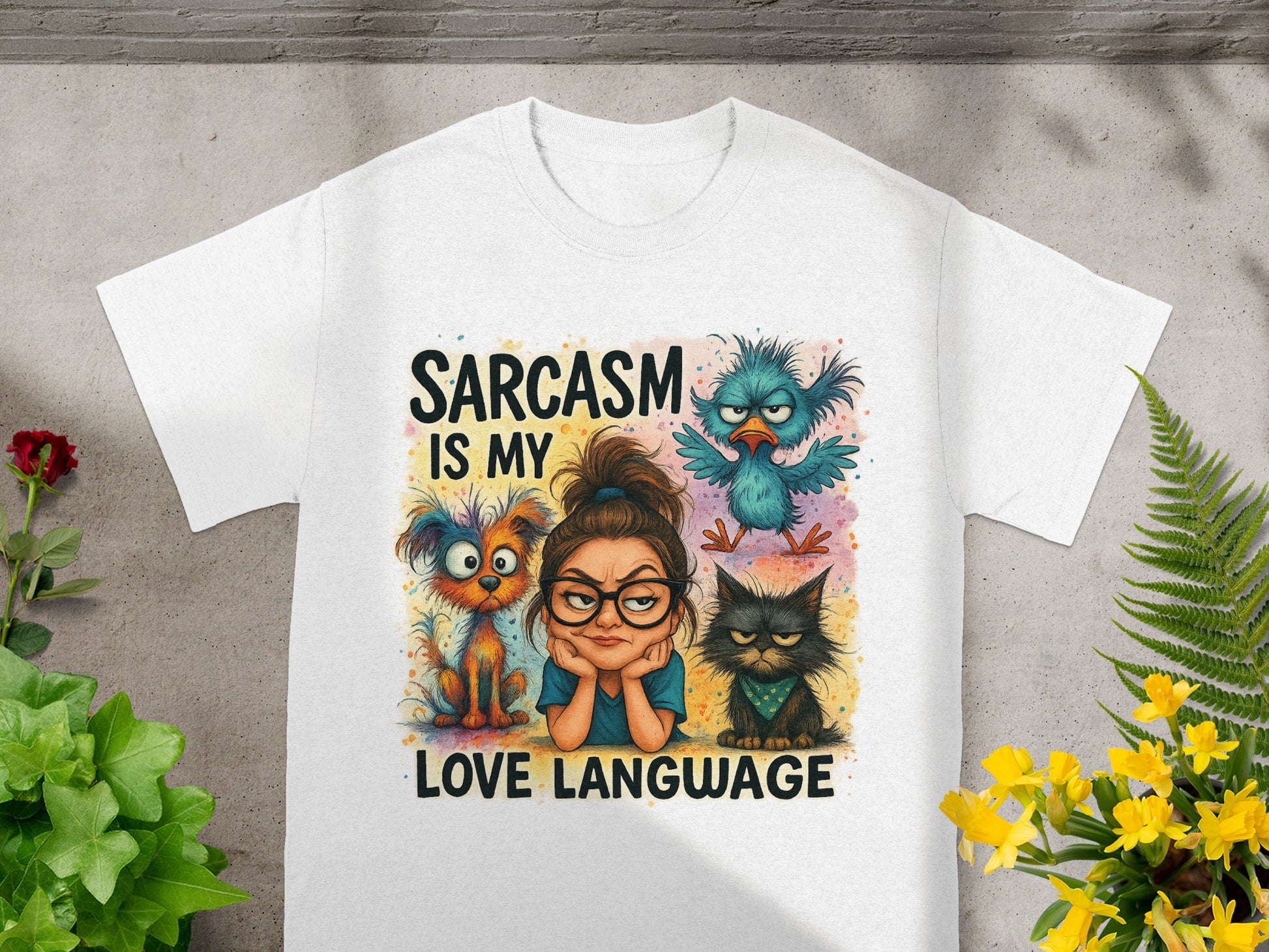 White t-shirt with "Sarcasm is my love language" graphic featuring a woman and cartoon animals.