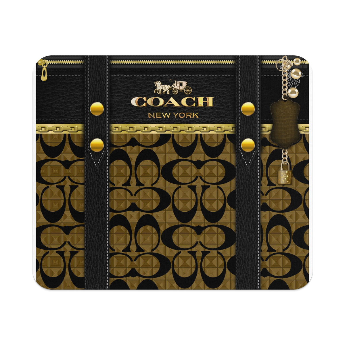 Coach New York logo with chain, padlock, and key charm on signature pattern.