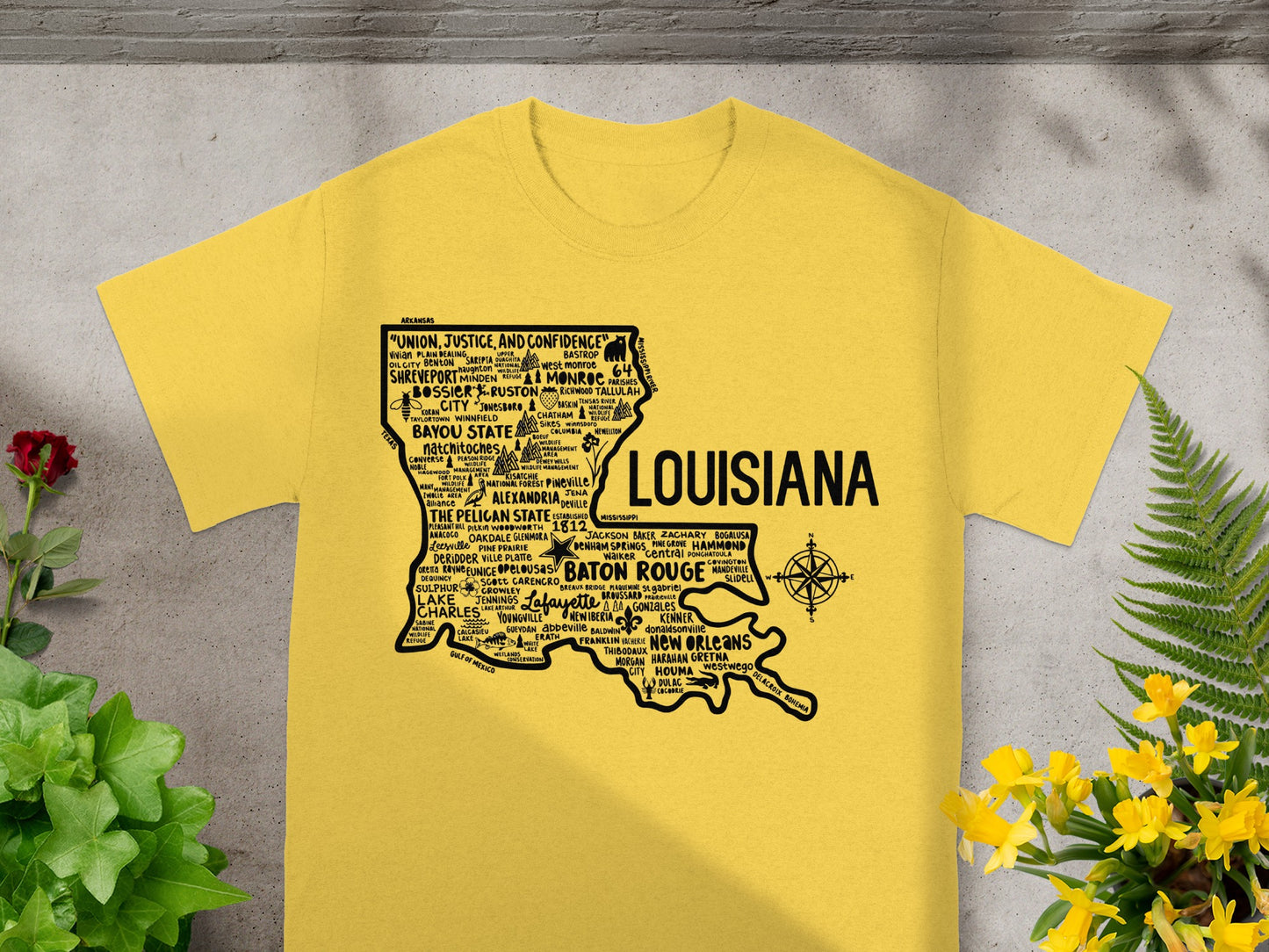 Louisiana Typography Map T-Shirt with Cities Names