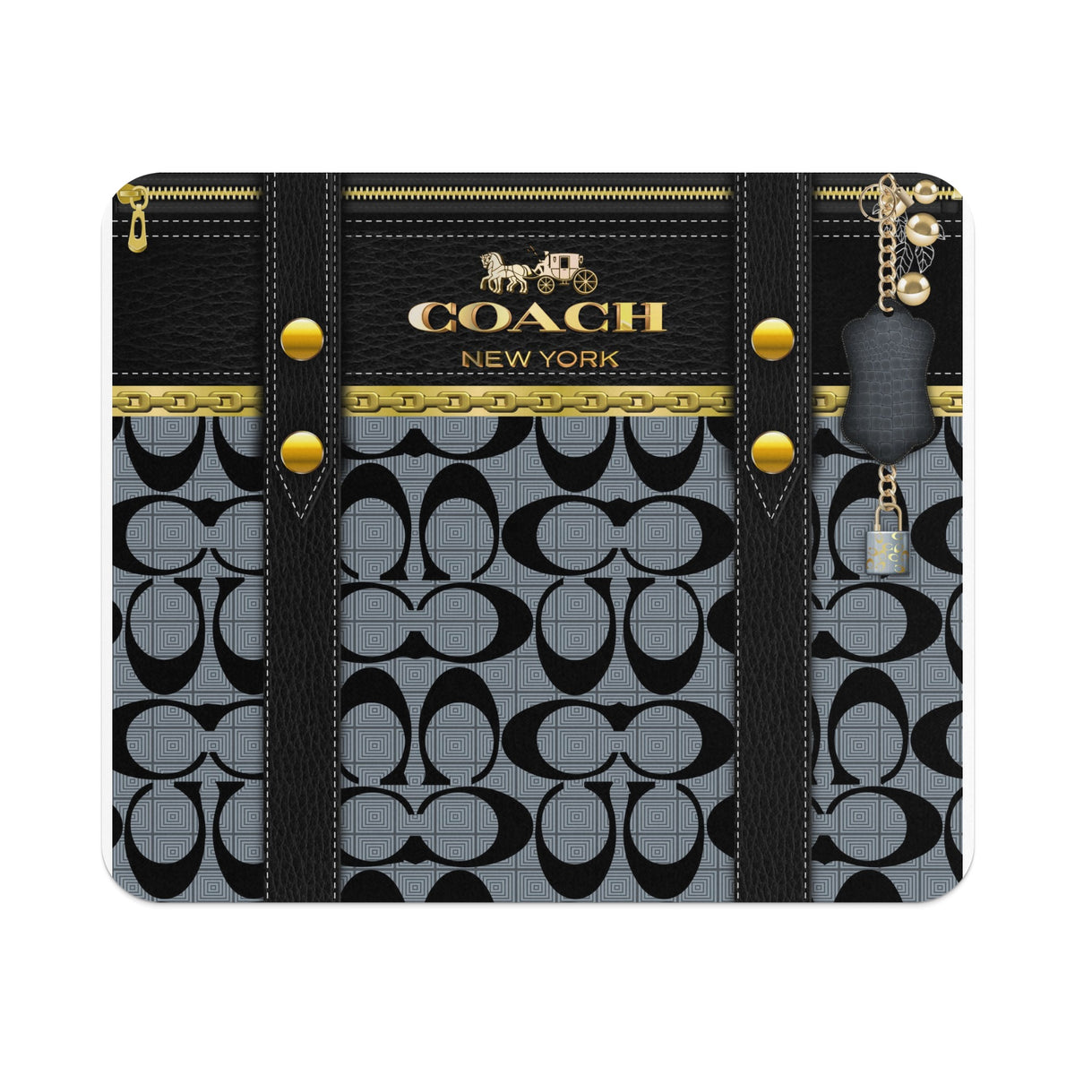 Coach pattern phone case with gold hardware and a padlock charm.