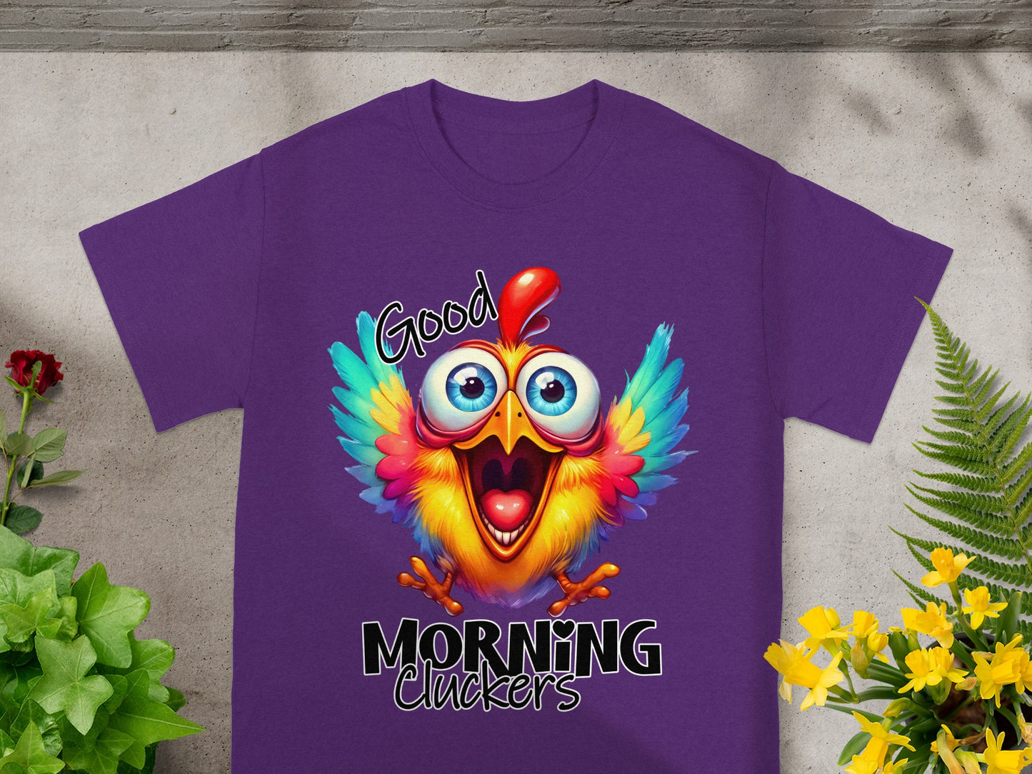 Good Morning Cluckers Colorful Bright Chicken Shirt