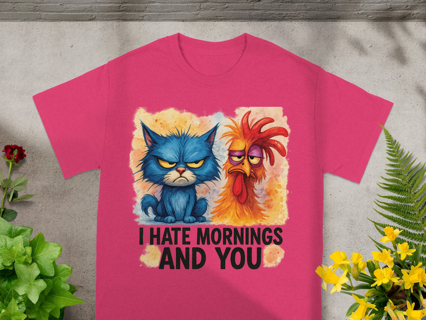Grumpy cat and chicken with text "I HATE MORNINGS AND YOU."