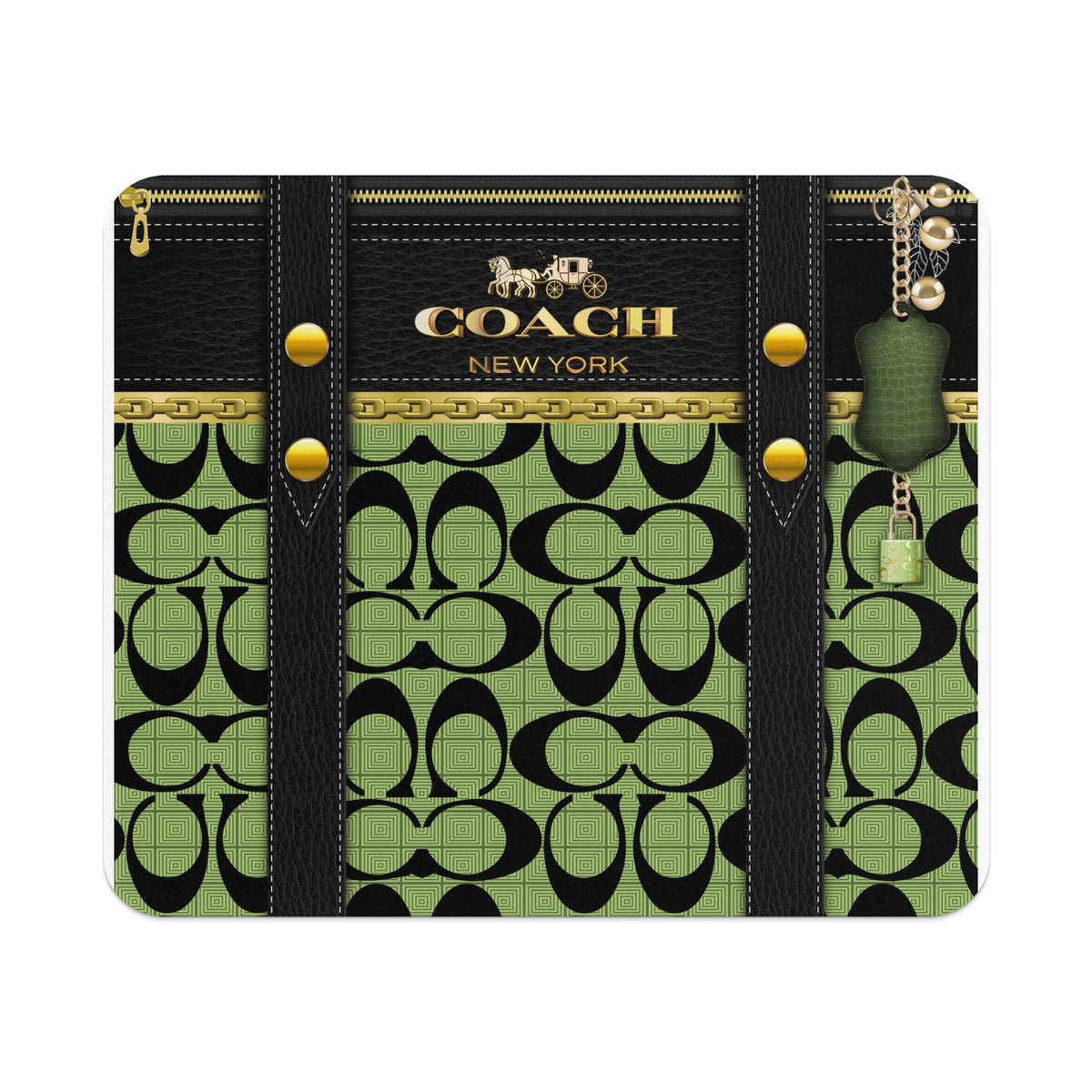 Coach bag with green monogram pattern, black leather trim, gold hardware, and charms.