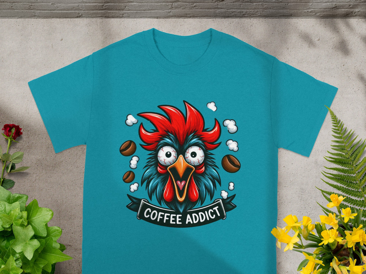 Coffee Addict Rooster Graphic Design Tee Shirt
