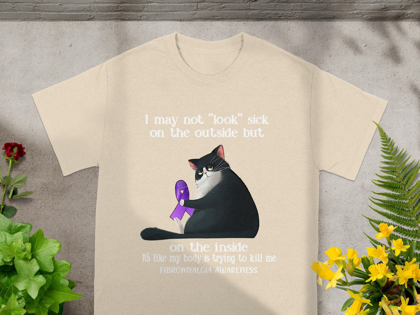 Fibromyalgia Awareness Cat Hugging Purple Ribbon Shirt
