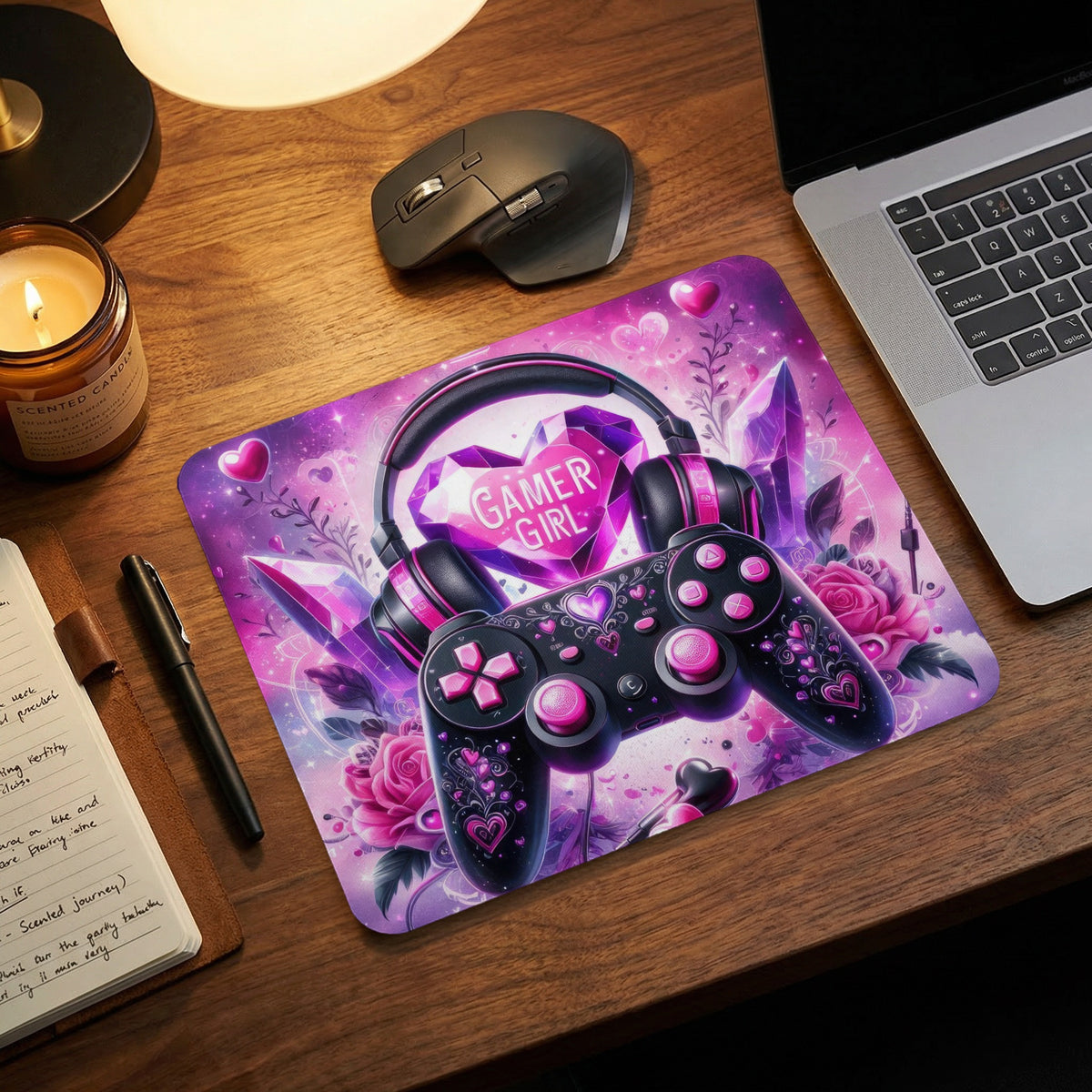 A purple gamer girl mousepad featuring a controller, headphones, hearts, and roses on a wooden desk.
