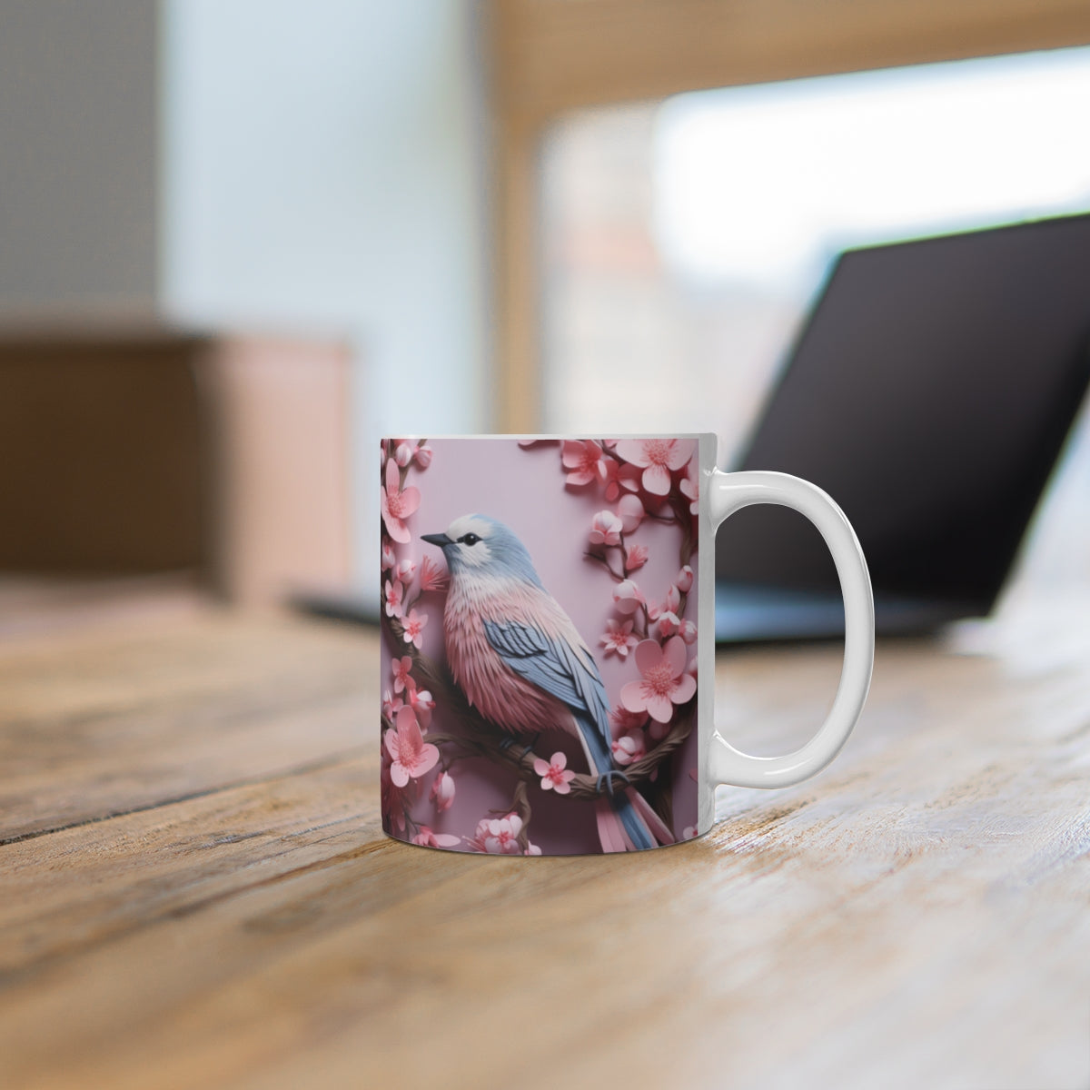 Spring Blossom Pink Blue Bird Mug Floral Design