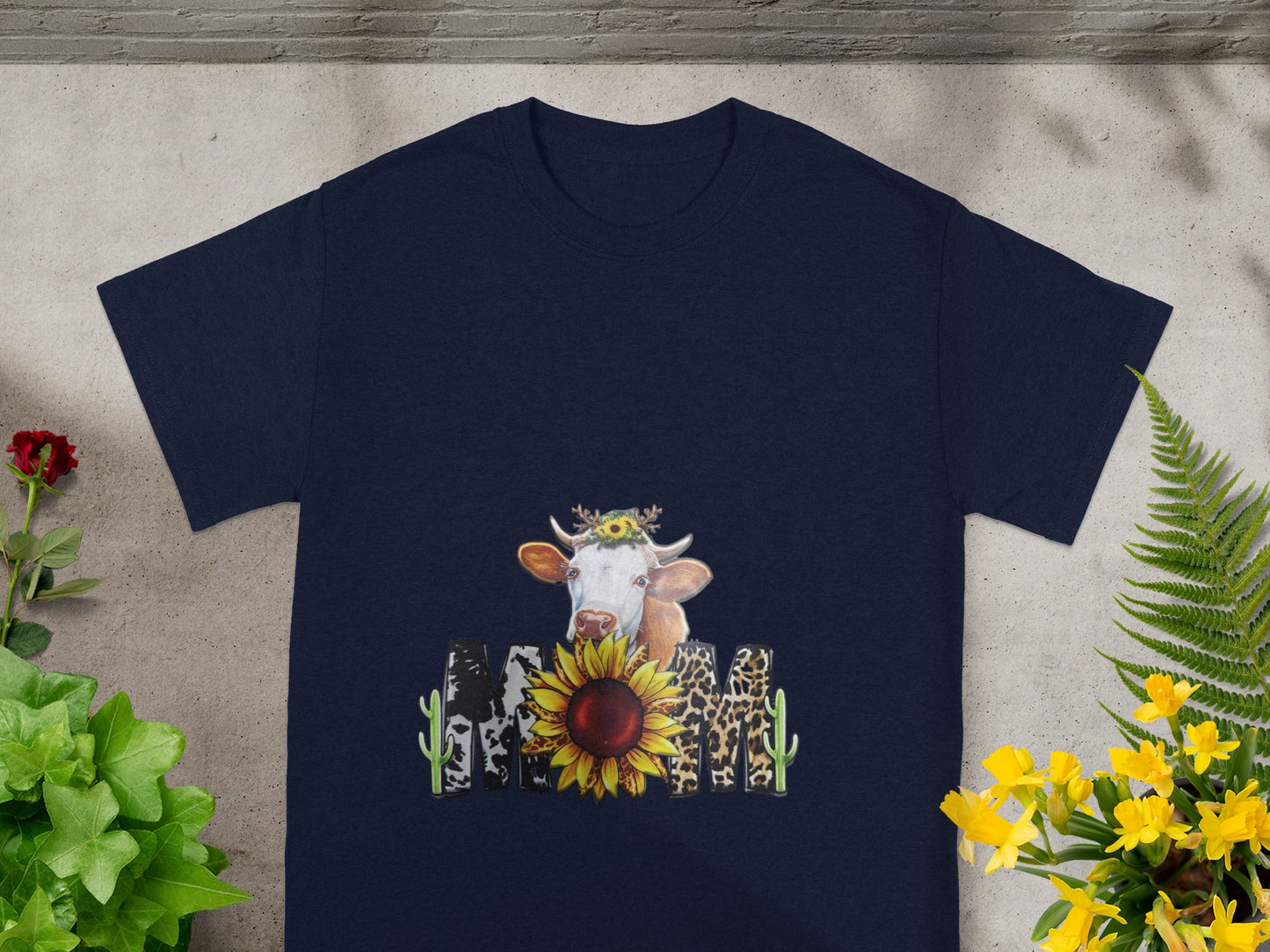 Sunflower Cow Design Graphic on Navy Blue T-Shirt Product