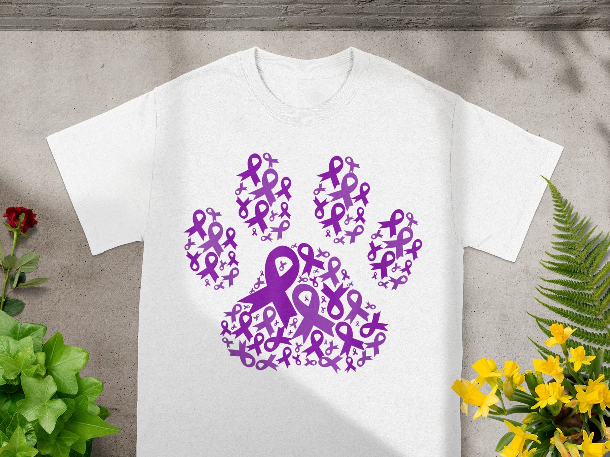 Purple Ribbon Paw Print Design on White T-Shirt