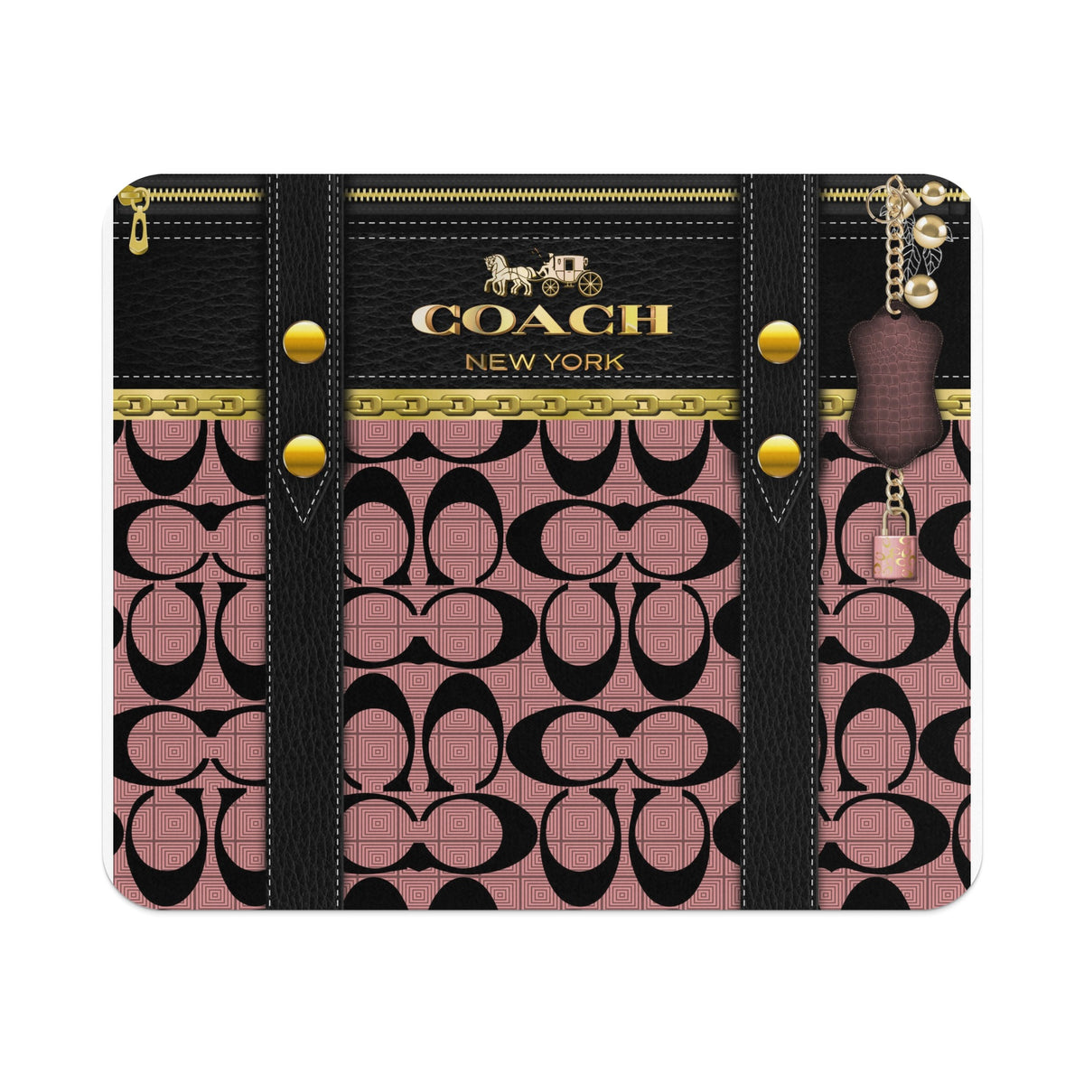 Coach New York logo on black leather with pink signature pattern and gold hardware.