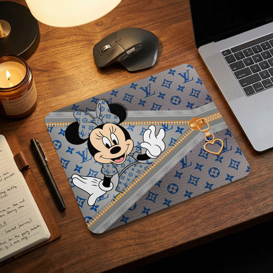 Minnie Mouse with Louis Vuitton pattern and gold zipper detail on mousepad.