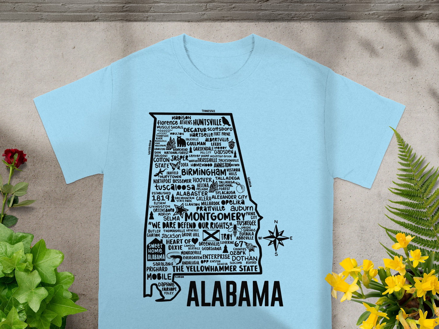 Alabama Map Design T-Shirt With City Names Print