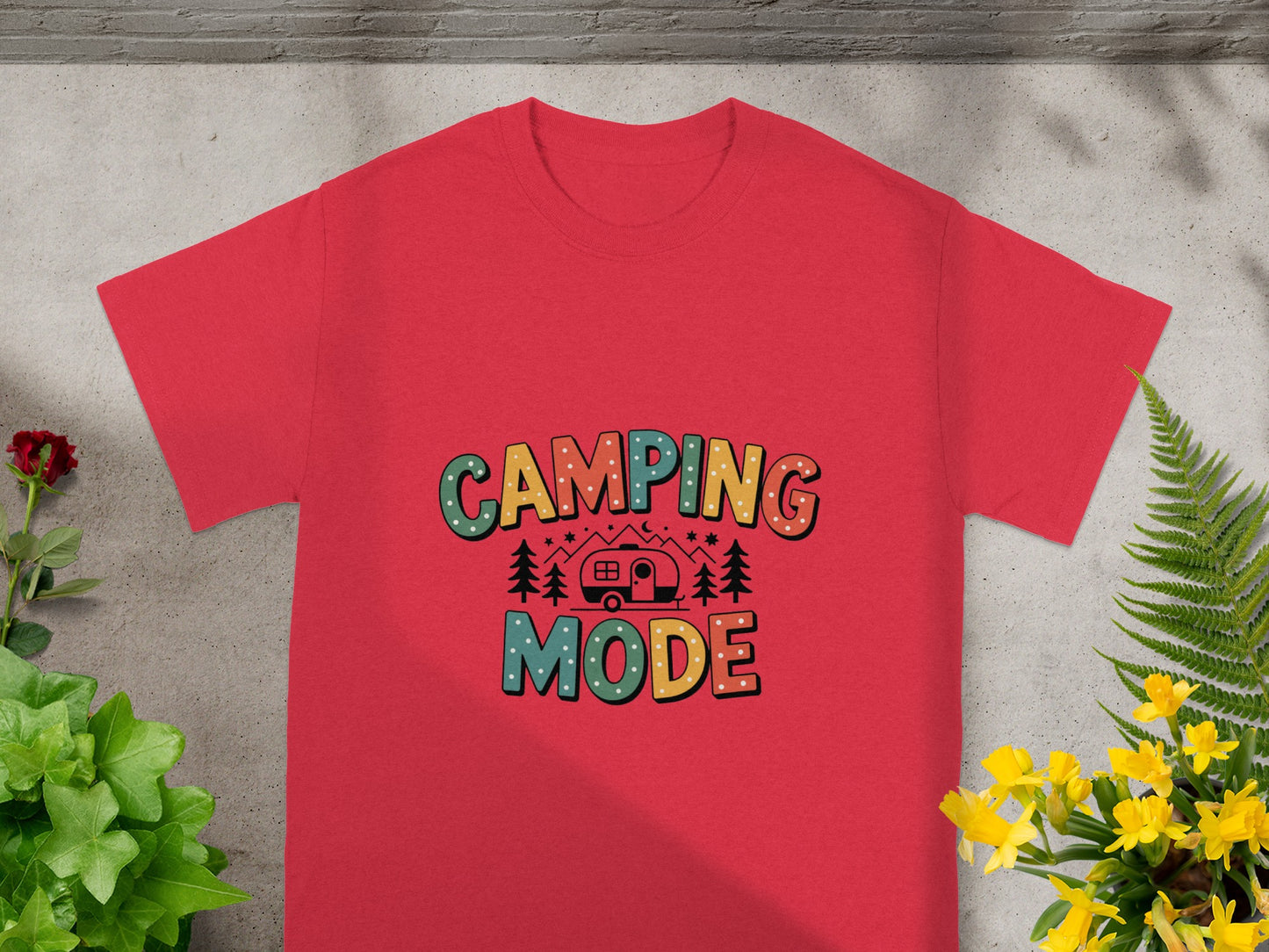 Fun Graphic Tee with Camping Mode Text Design