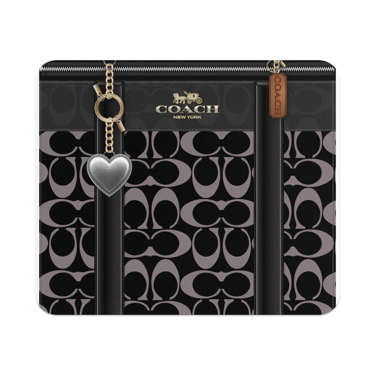 Coach pattern with logo, heart charm, and leather tag.